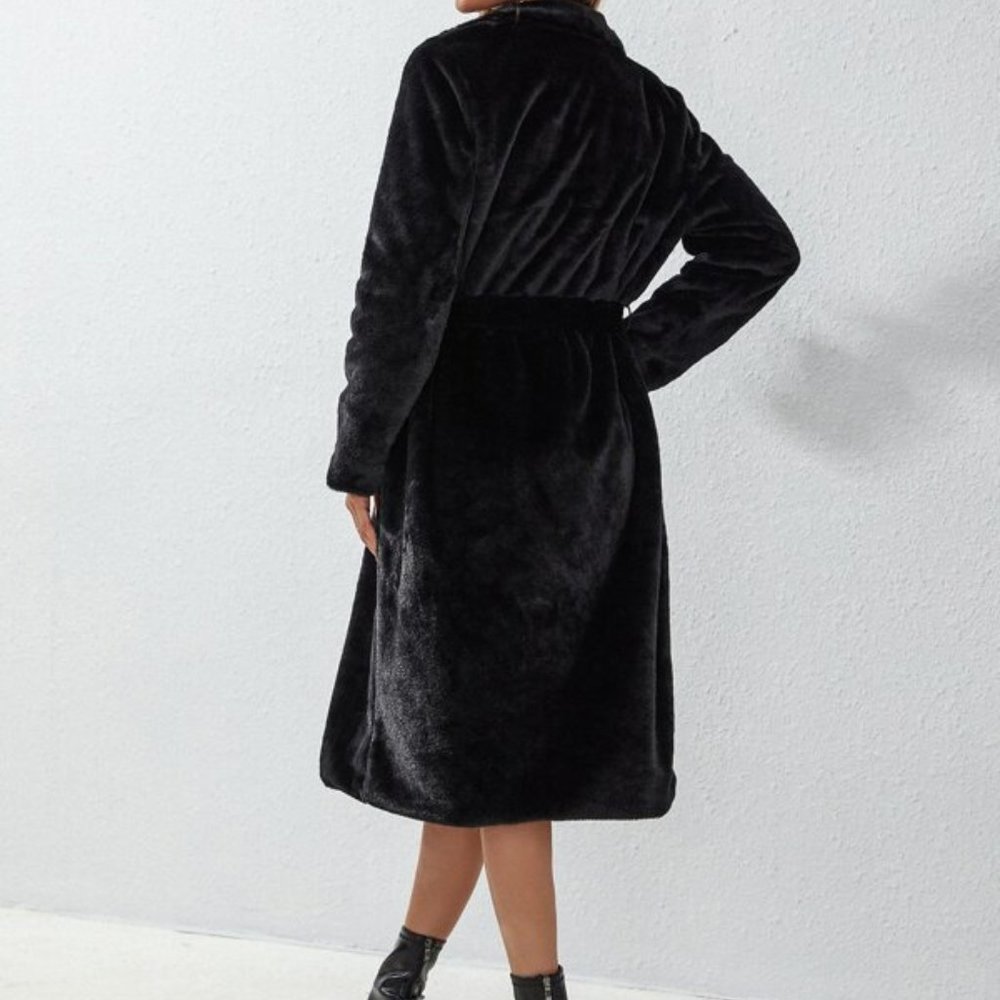 Glam Girl black Faux Fur belted Teddy Coat - Picture 3 of 9